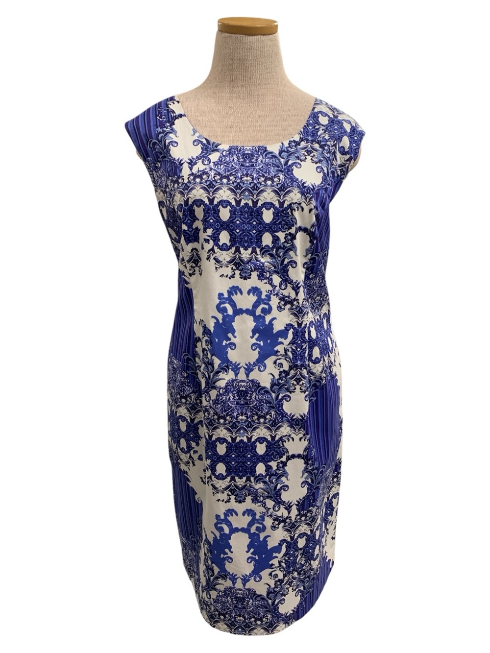 Linea Domani Blue and White Printed Cap-Sleeve Midi Dress Size XL